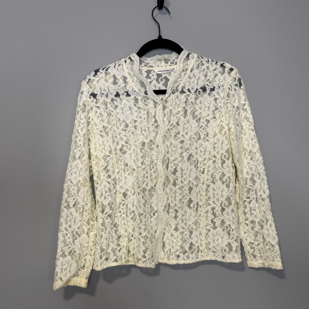 Laura Ashley Cream Floral Lace Faux Pearl Cardigan Long Sleeve Shimmer Womens